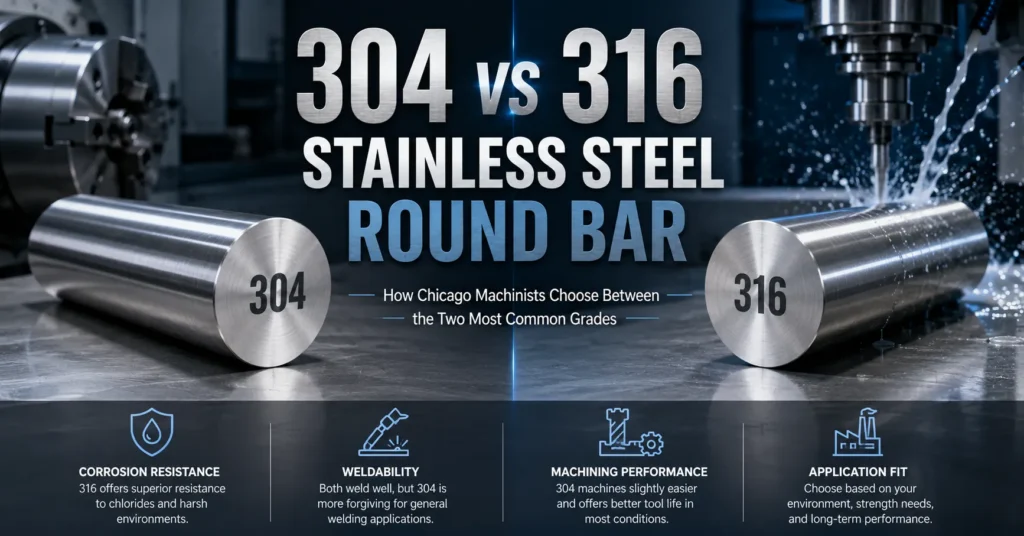 304 vs 316 stainless steel round bar comparison for machining, corrosion resistance, weldability, and industrial applications