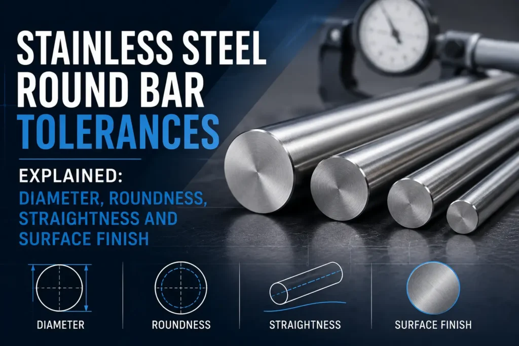Stainless steel round bar tolerances showing diameter, roundness, straightness, and surface finish.