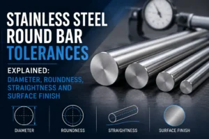 Stainless steel round bar tolerances showing diameter, roundness, straightness, and surface finish.