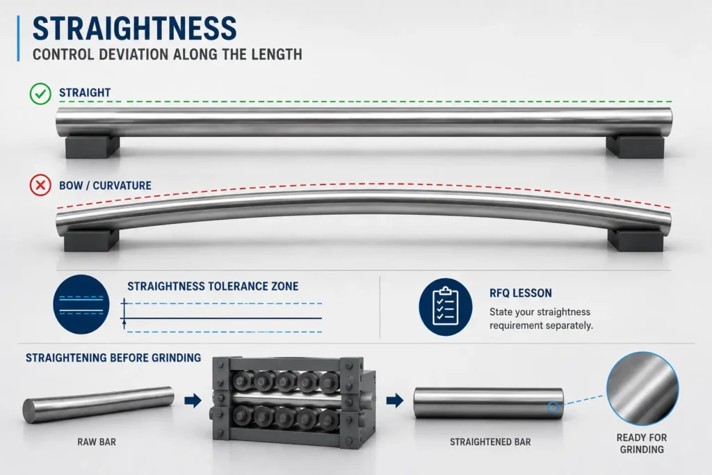 Stainless steel round bar straightness tolerance showing a straight bar, bowed bar, tolerance zone, and straightening before grinding.