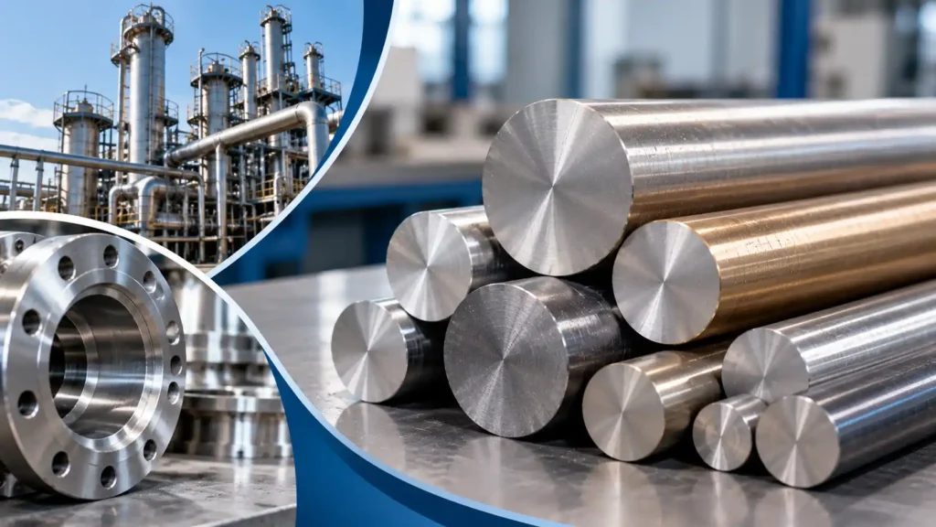 Nickel alloy round bar stock with industrial processing equipment and precision machined