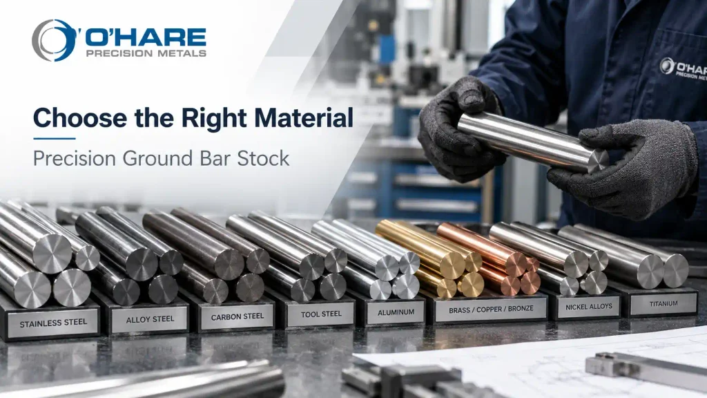 Different precision ground bar stock materials, including stainless steel, alloy steel, aluminum, brass, copper, and titanium.